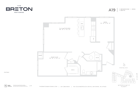 Floor plan for 1 bed, 1 bath, 1122 sqft